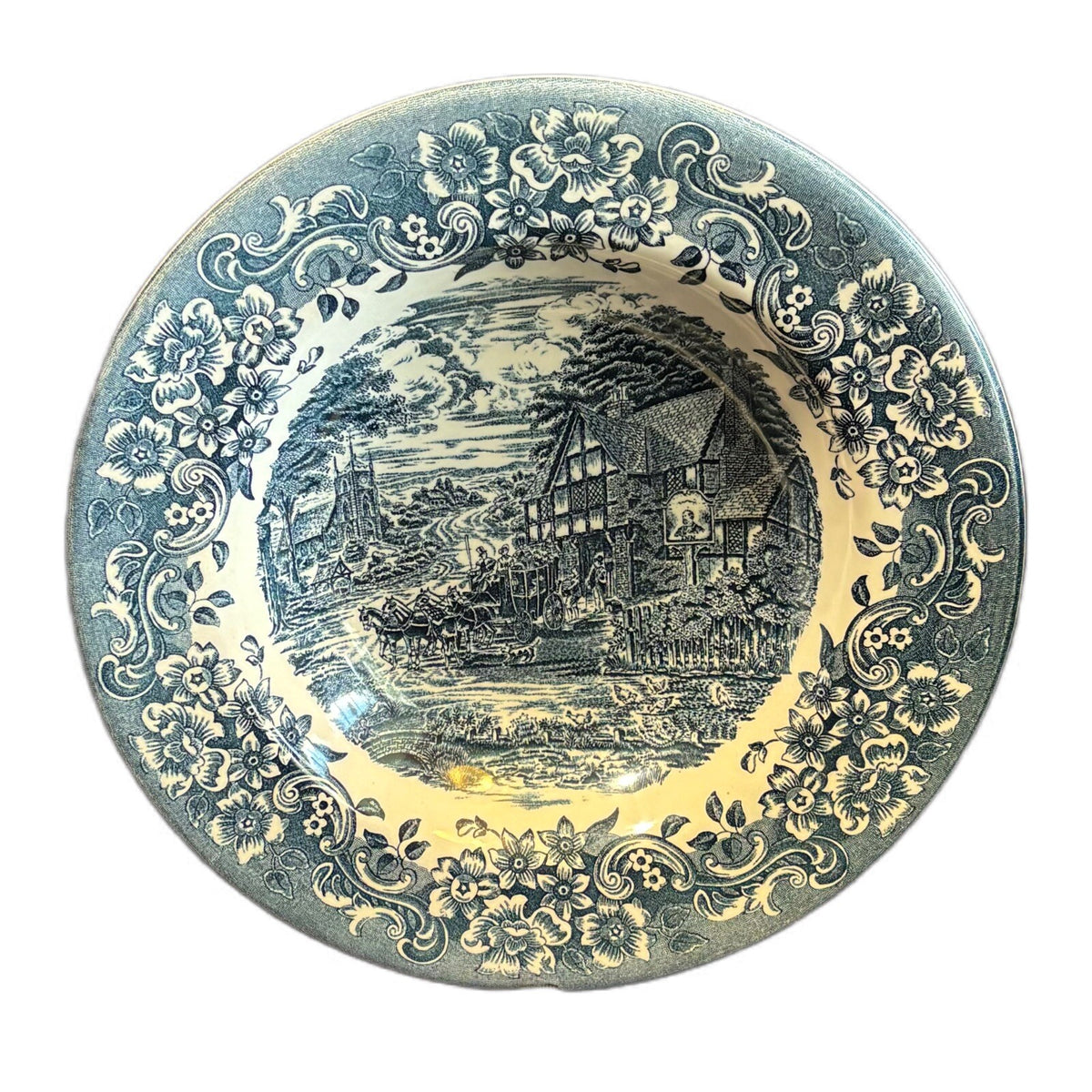 Staffordshire 4-Rim Soup Bowls Engravings 17th Century Blue 8.5"D