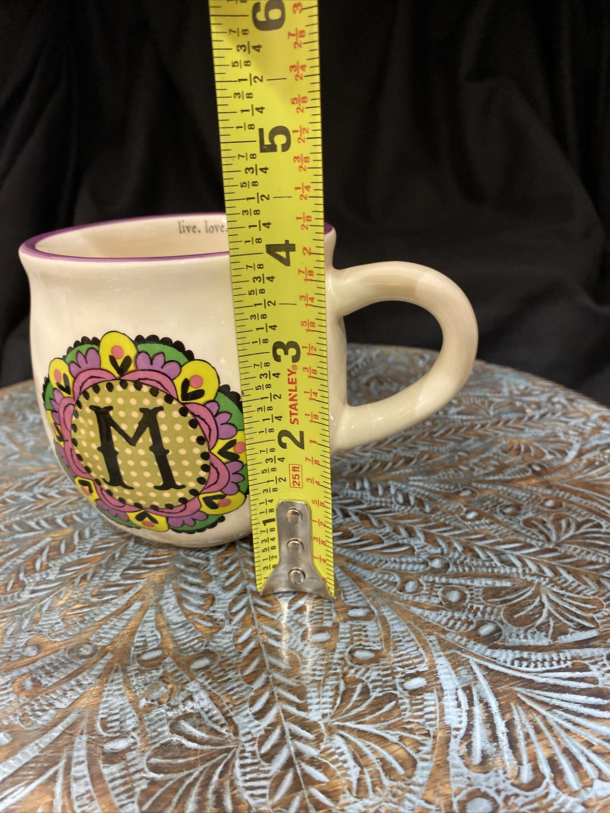Natural Life “M” Monogram Ceramic Mug Cup – Live Love Laugh, Boho Floral Gift