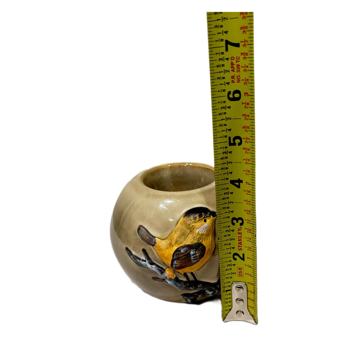 Art Pottery Tealight Candle Holder 3D Yellow Bird on Branch Round Ceramic No Lid