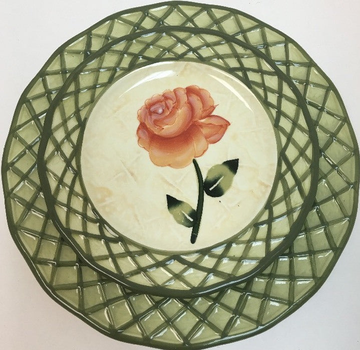 Lynns Earthenware 14 Piece EMMA'S GARDEN Green Lattice Dinner Salad Cup Saucer