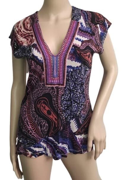Anthropologie By One September T-Shirt Print Colorful Tee Embroidered Top S