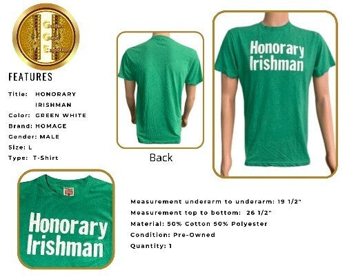 Homage T-Shirt Honorary Irishman  Men Top Green LG. Crew Neck