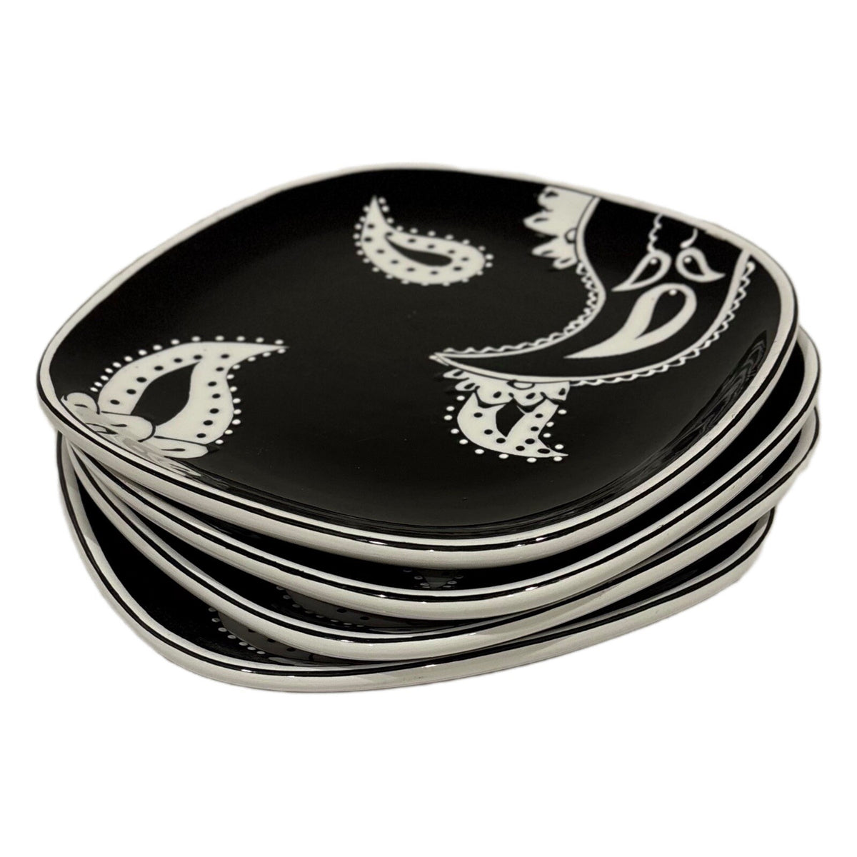 Rare ND 4-Salad Plates 3-Mugs Black White Hand-Painted Ceramic Dinnerware Set