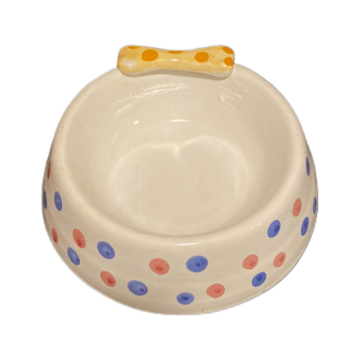 Italian Hand Painted Ceramic Dog Bowl with 3D Bone & Polka Dots | Puppy Dish