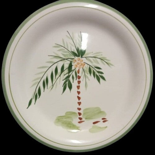 Gibson Designs PALM COURT Dinner Plate White 10 ¾" D Green Palm Tree Green Trim