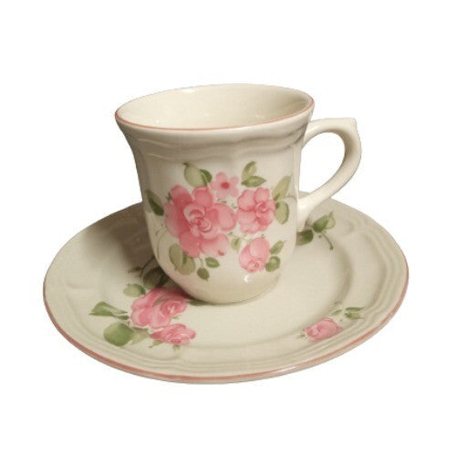 Gibson Designs ROSELAND 6-Cups & 6-Saucers Pink Roses Tan Body Pink Trim Ceramic