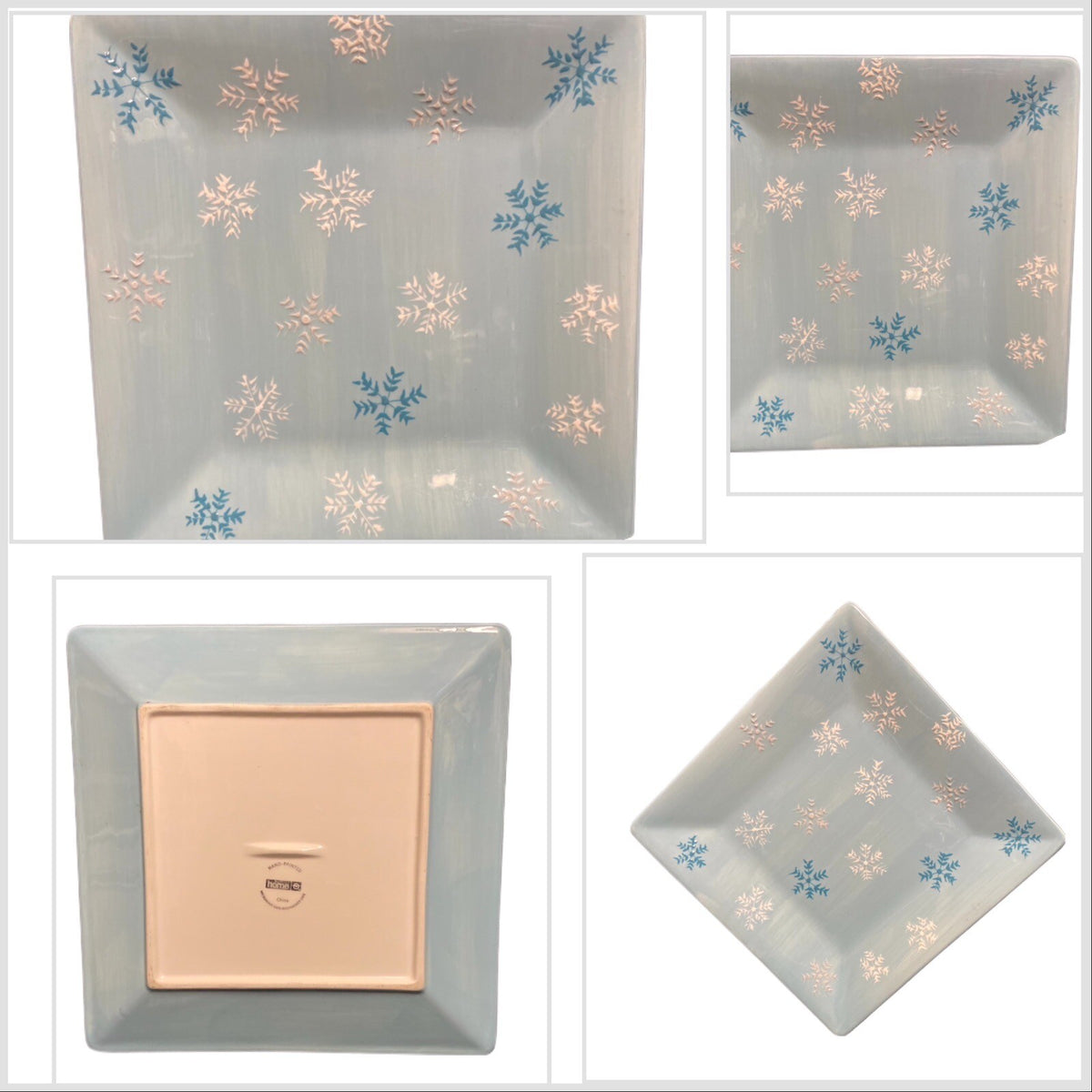 Home Target 4-Dinner Plates White Blue SNOWFLAKES Hand Painted Christmas Holiday
