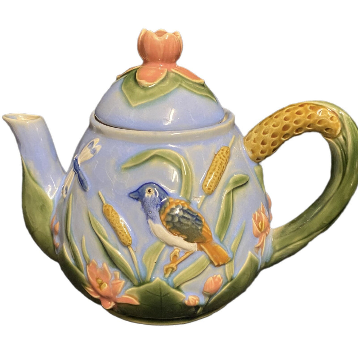 MAJOLICA Teapot Dragonflies Birds Lotus Blossom Flowers Blue Pottery Embossed