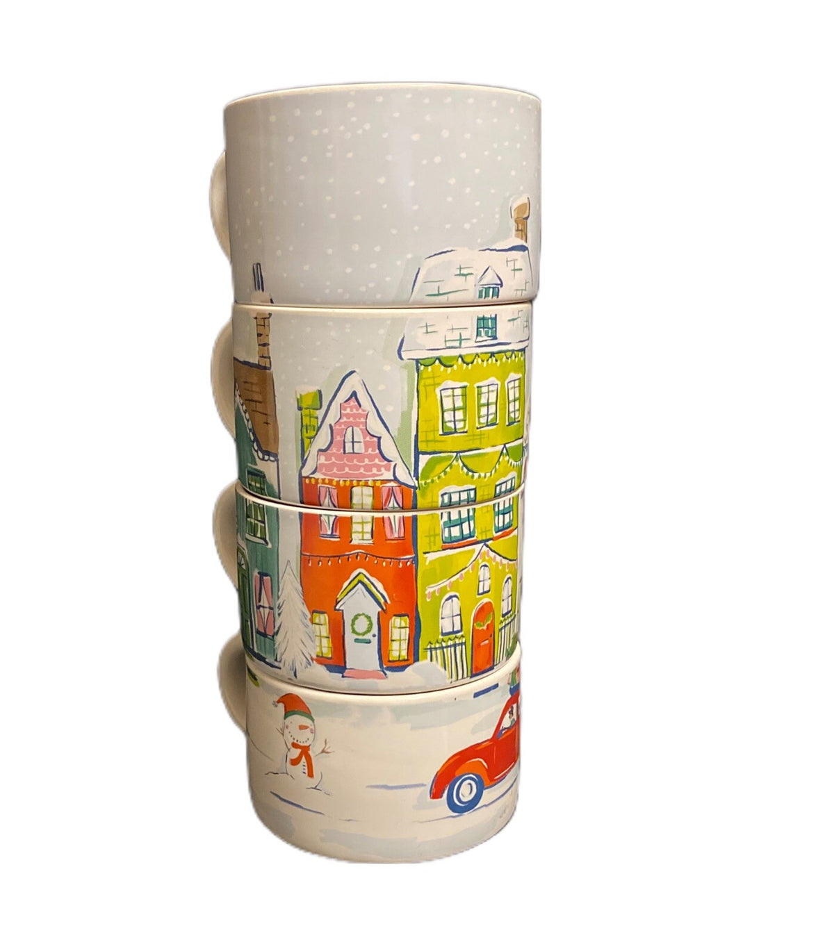 Pier 1 Imports Stackable Mugs Set of 4 Christmas Winter Village Scene w/ Stand
