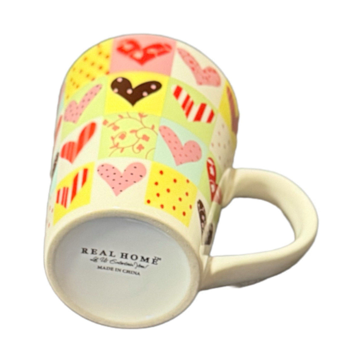 REAL HOME Mug Let Us Entertain You Colorful Hearts 10 Oz Ceramic Coffee Cup