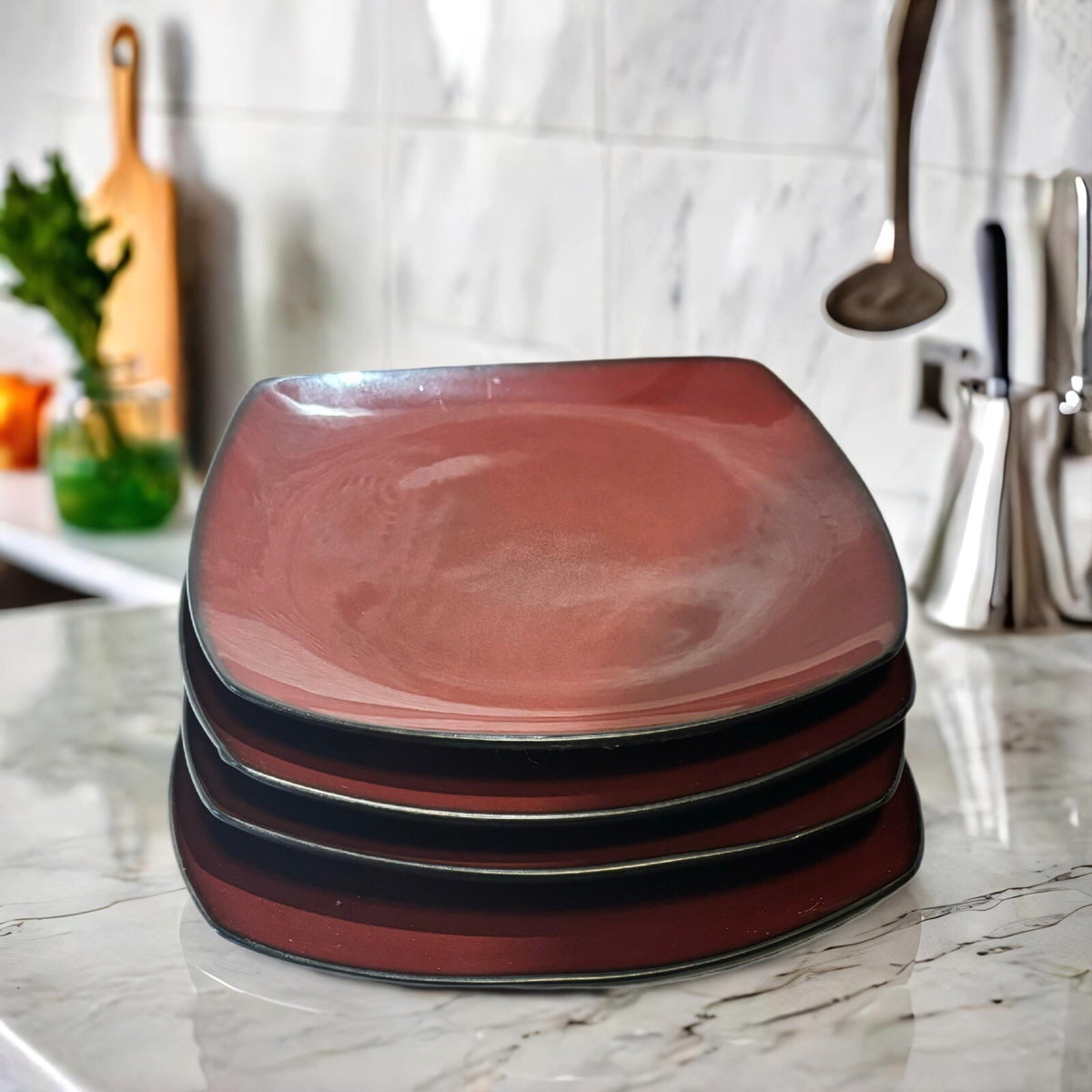 Simple Dining 4-Salad Plates Burgundy Square Shaped Dessert Dinnerware Stoneware