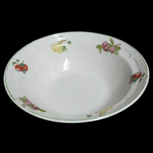 Gibson Designs ORCHARD 4-Cereal Bowl 6 ¾”D Green Trim Fruit Rim Cream Background