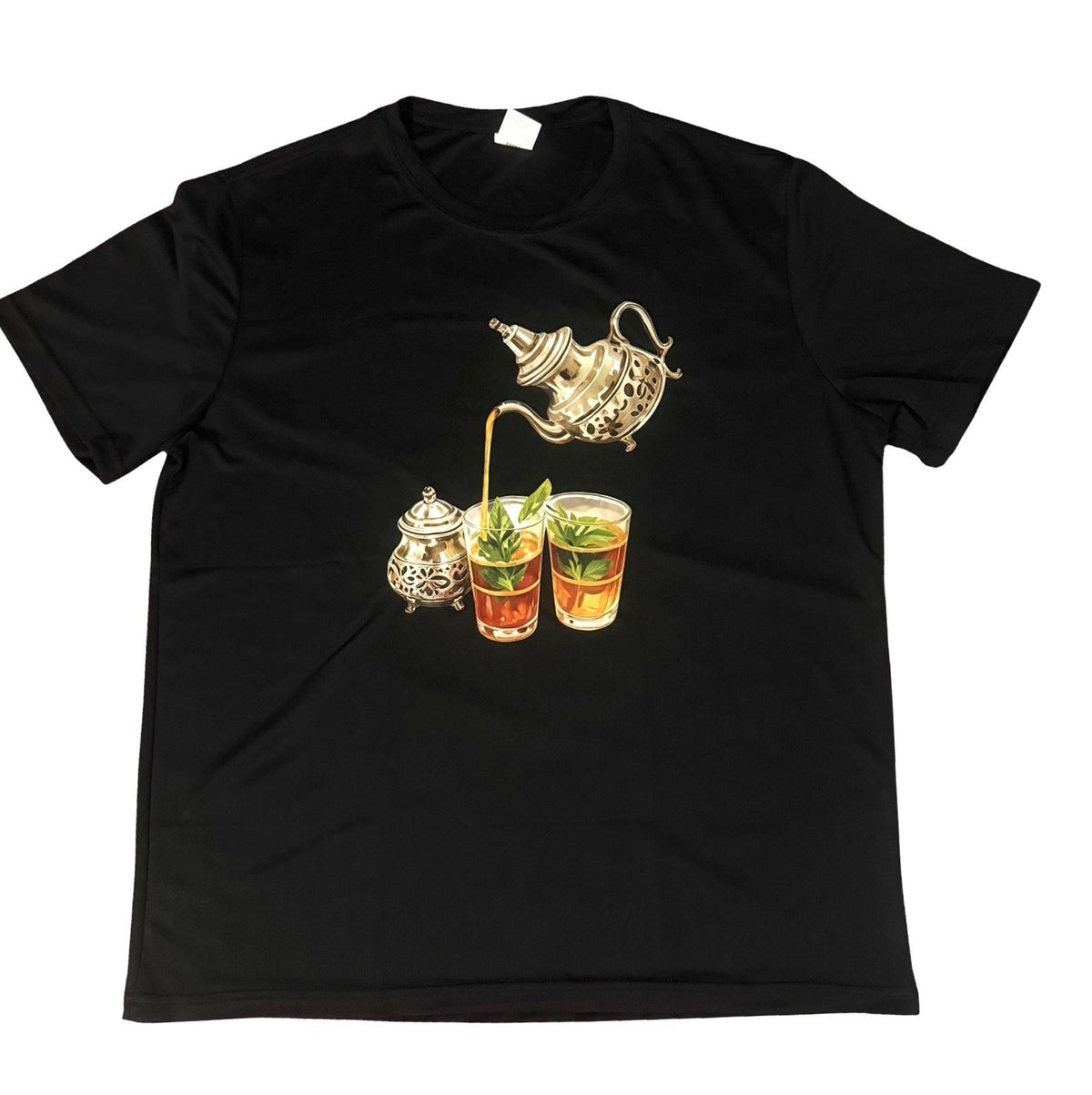 Moroccan Mint Tea Graphic T-Shirt XL Black Lightweight Polyester Unisex Tee