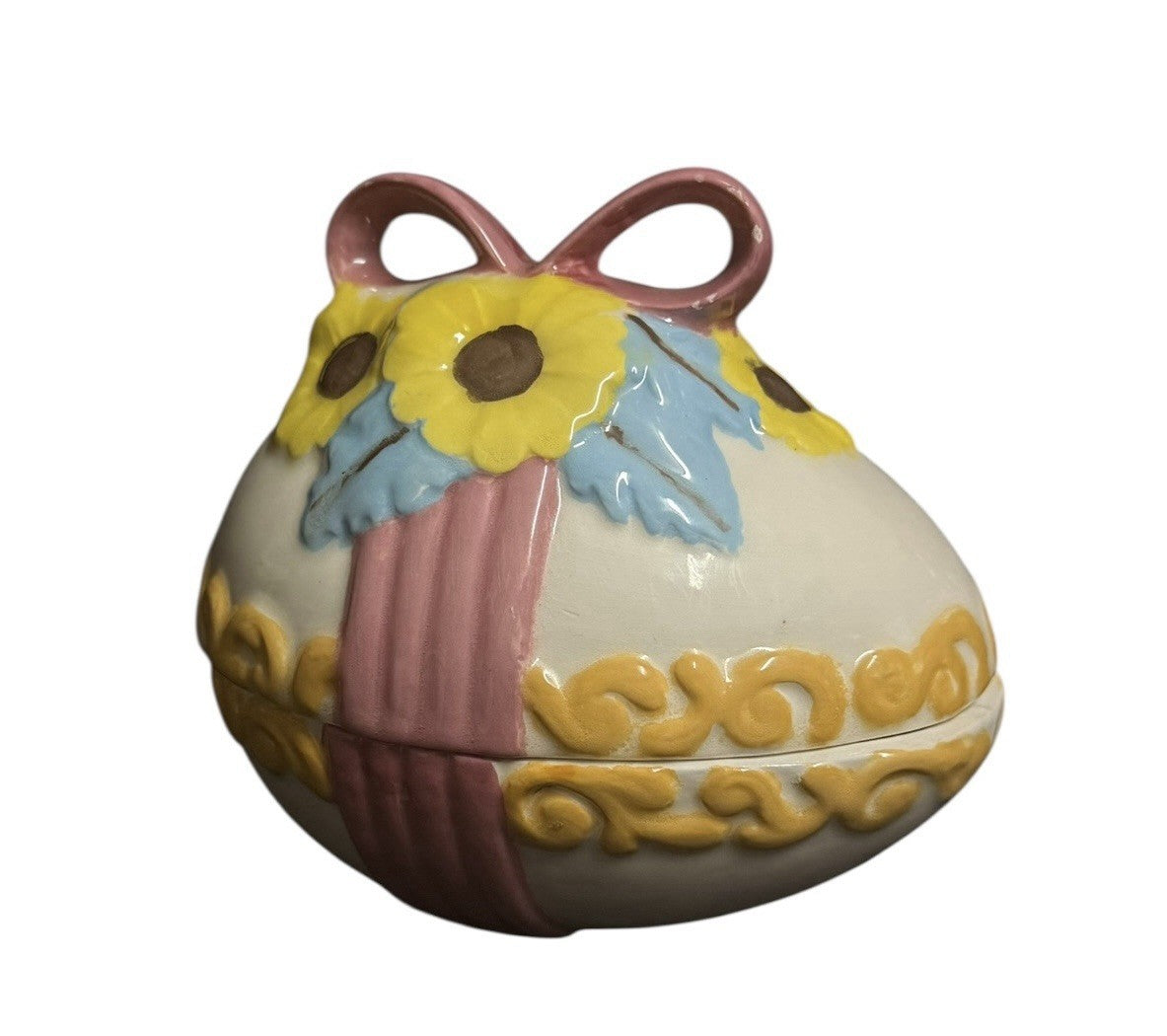Vintage Ceramic Easter Egg Candy Dish Lidded Trinket Box Hand Painted Floral