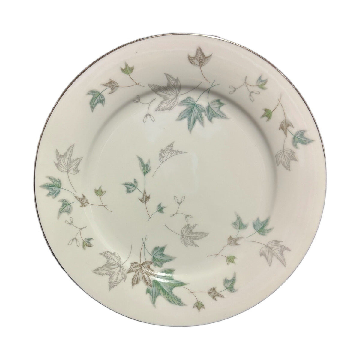 Noritake Greenwood 4-Dinner Plates Ceramic # 5769 Leaves Silver Trim Japan