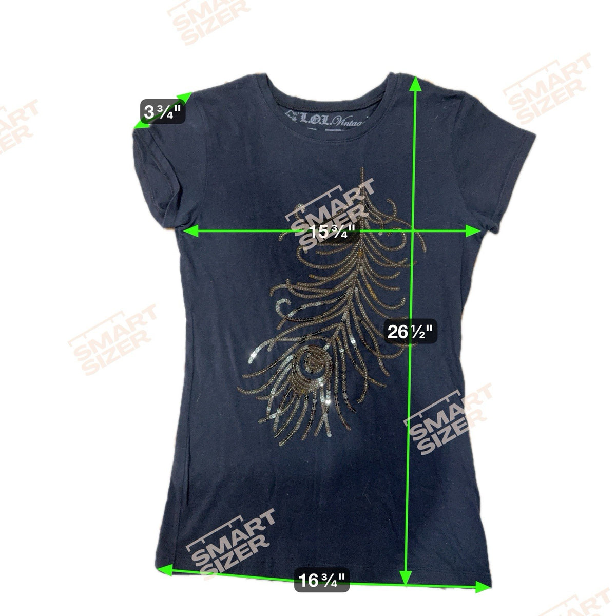 LOL Vintage Women’s Large Black T-Shirt ✦ Gold Sequin Peacock Feather Design Top