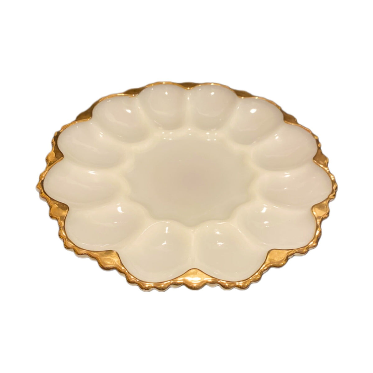 Vintage Anchor Hocking Deviled Egg Plate White Milk Glass Gold Trim 12 Eggs Tray
