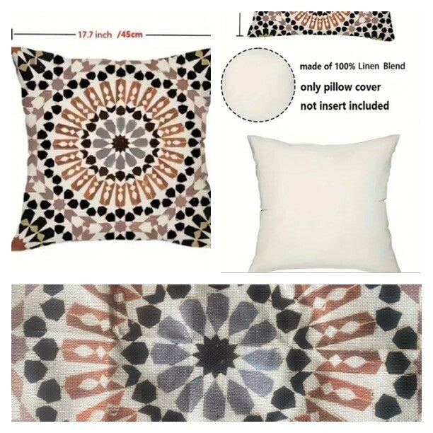 2-Pc Moroccan Mandala Geometric Cushion Covers Boho Linen Blend 17x17 Neutral