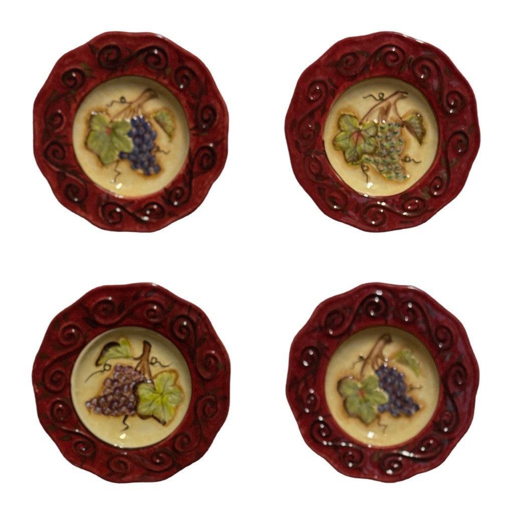 Certified Intl. Kate McRostie Grape Plates Set of 4 Vineyard Red Rim 5.5”