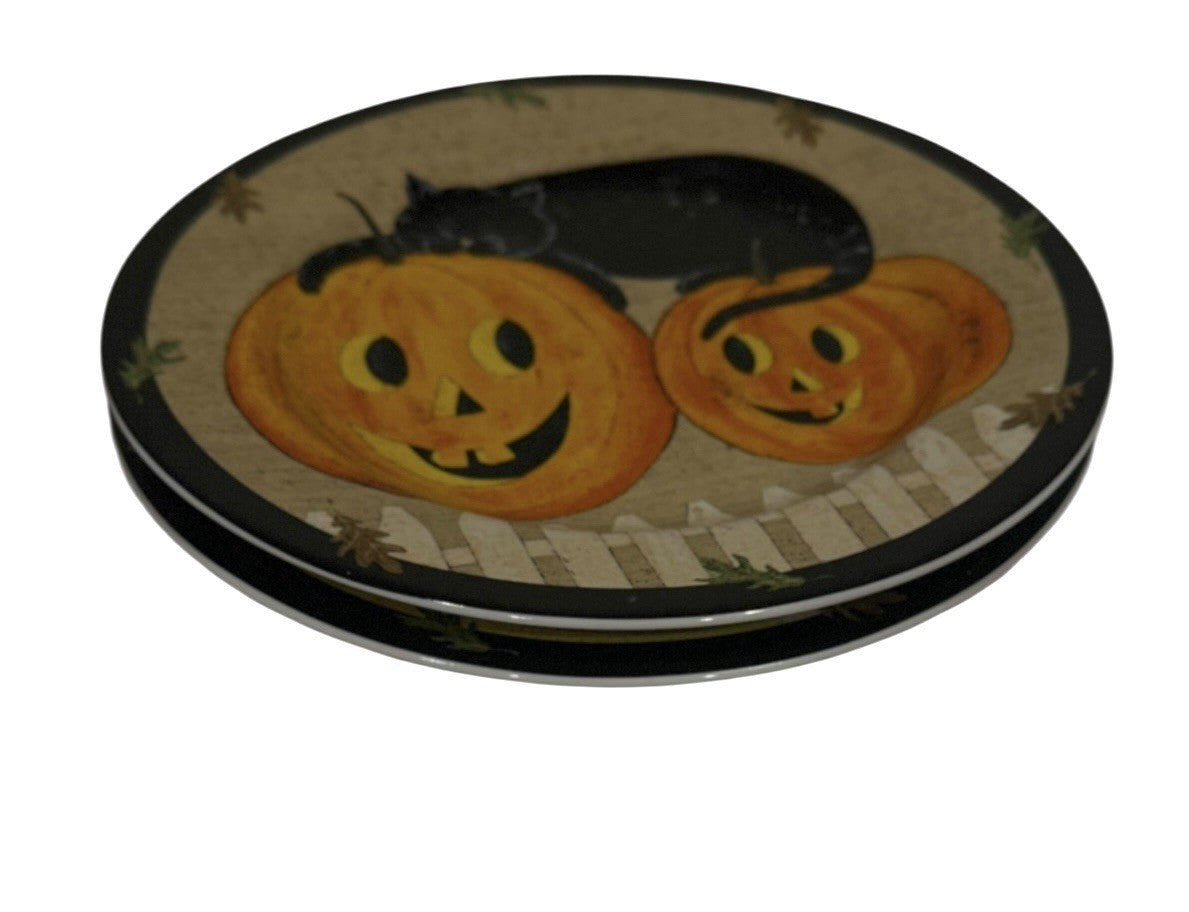 Warren Kimble Pumpkin Dreams 8” Plates Black Cat Pumpkins Sakura 2000 Set of 2