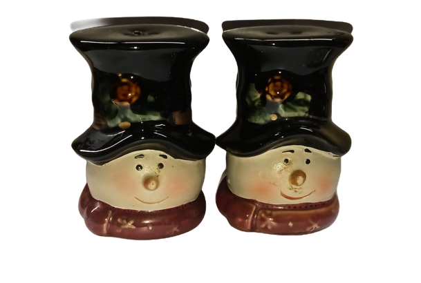 Vintage Ceramic Pottery Snowman Heads Salt and Pepper Shakers 3”H x 2”D