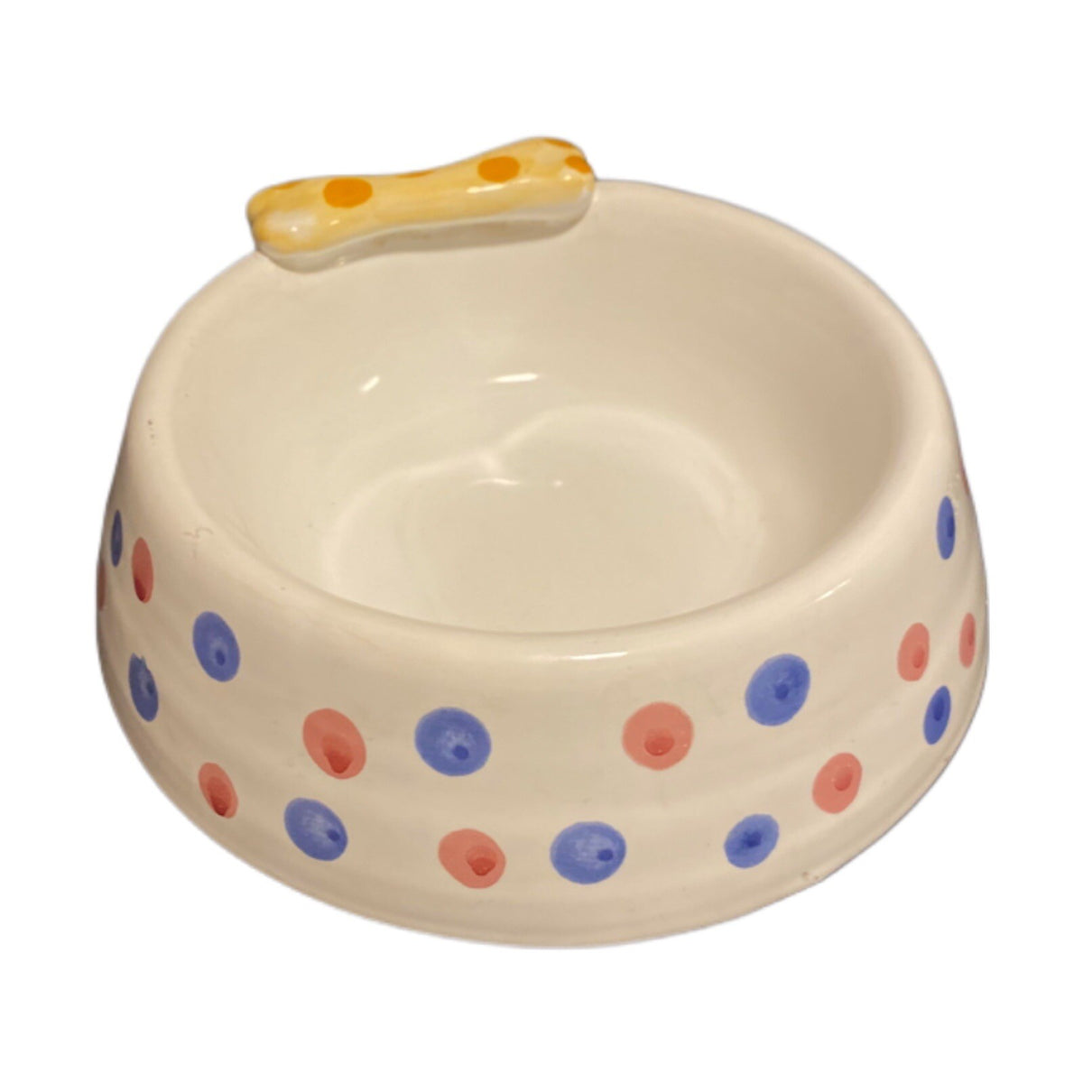 Italian Hand Painted Ceramic Dog Bowl with 3D Bone & Polka Dots | Puppy Dish