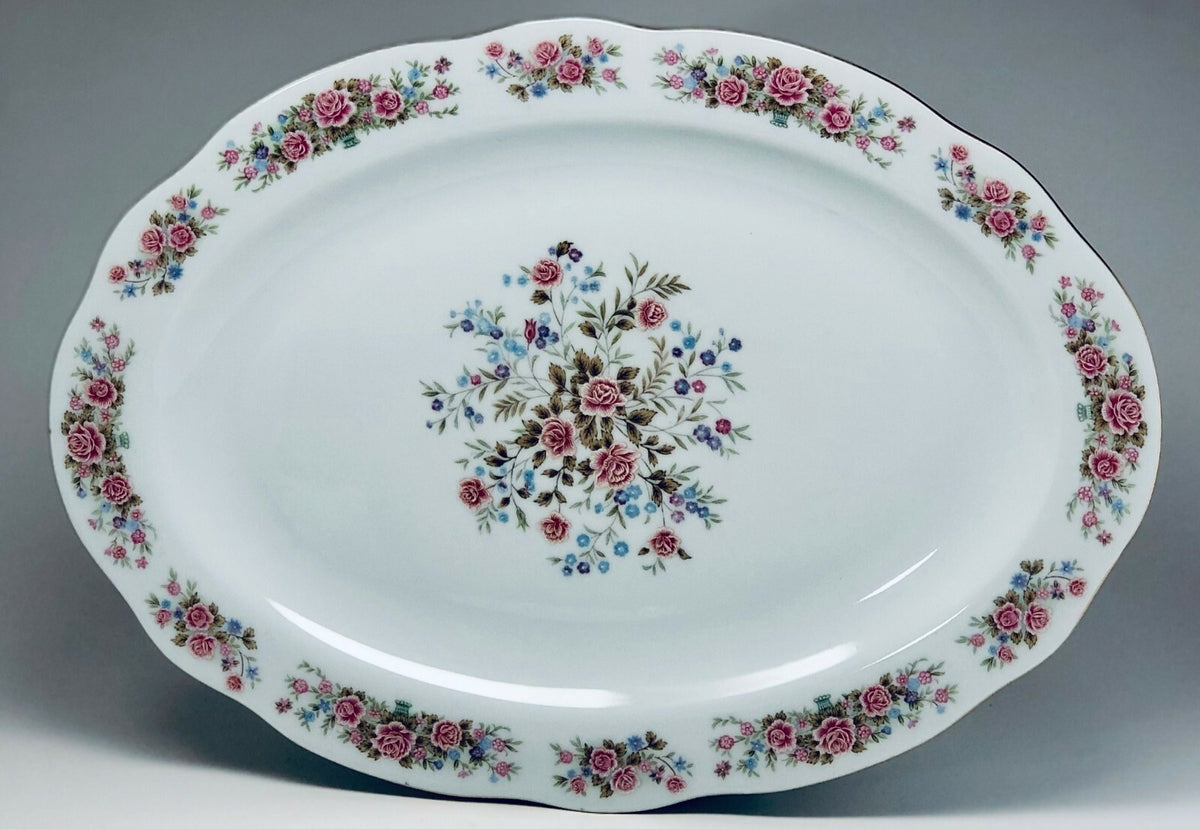 REMINGTON Fine China By Red Sea Pink Roses Blue Flowers Gold Trim Dinnerware