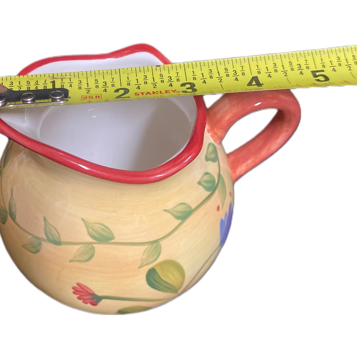 Pfaltzgraff NAPOLI Creamer Hand Painted Yellow Stoneware Floral Red Trim Pitcher