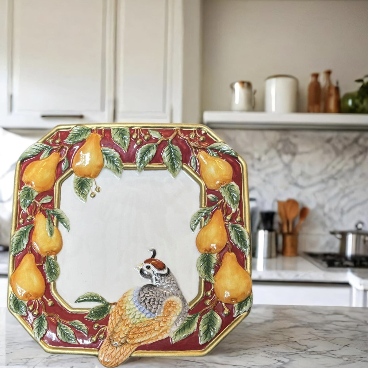 Fitz & Floyd Plate Partridge Bird Pears Canapé Wall Hanging Holiday Embossed Art