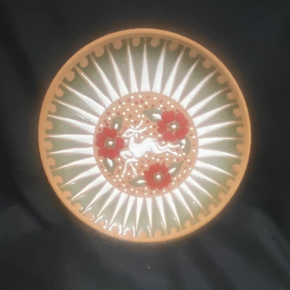 Apollon Keramik Decorative Plate Rodos Greece 100 % Hand Made Floral Reindeer