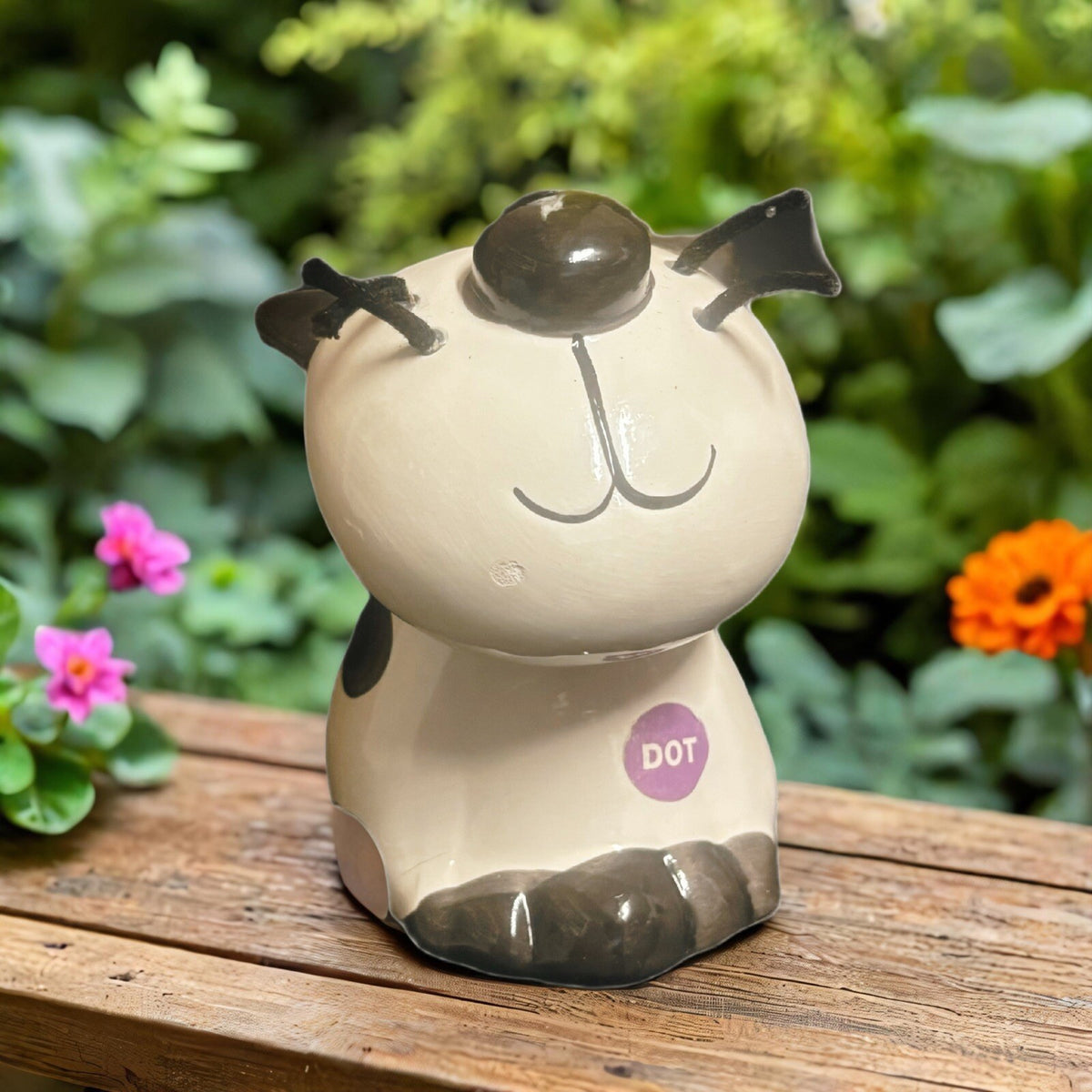 Whimsical Cat Figurine Ceramic Black & White Spotted Polka Dot