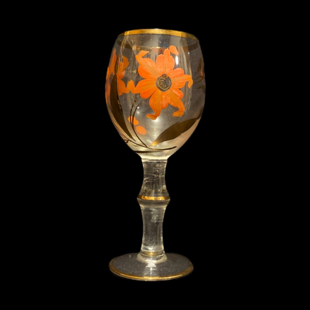 Vtg. Bohemian Romanian Handpainted 3 Floral Gold Trim Clear Cocktail Juice Glass