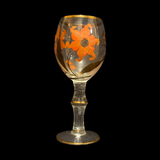 Bohemian Romanian Hand-Painted Cocktail/Juice Glasses, Set of 3 — Floral, Gold Trim (Vintage)