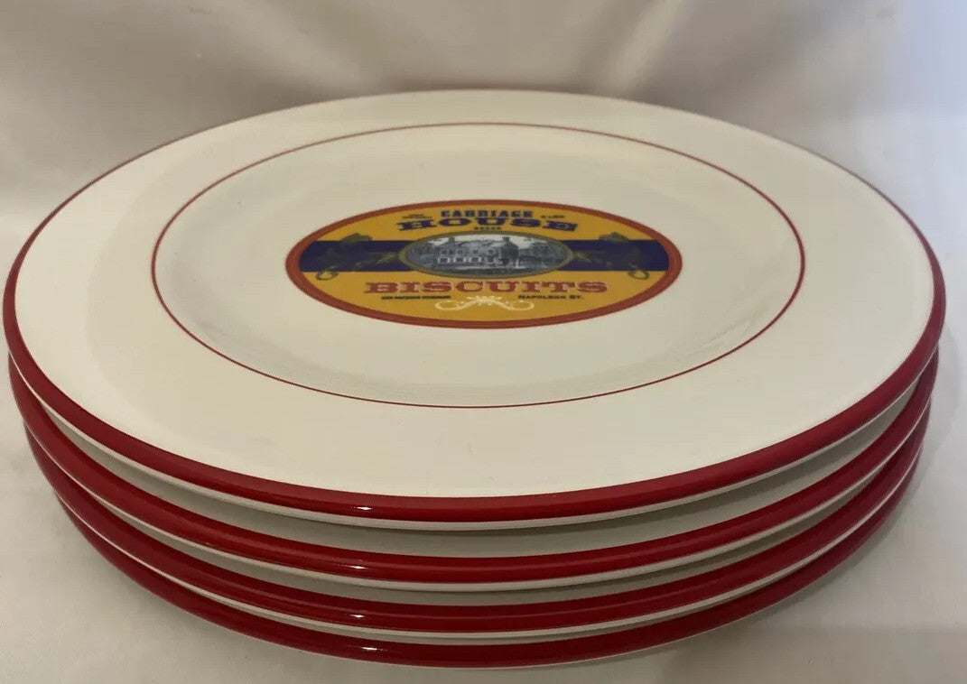 Williams Sonoma Carriage House Biscuits 4 White Luncheon/Salad Plates Red Trim
