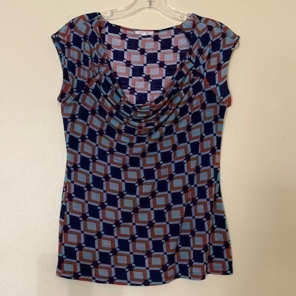 Pleione XS Women’s Blouse Red Blue Geometric Cowl Neck Cap Sleeve Stretch Top