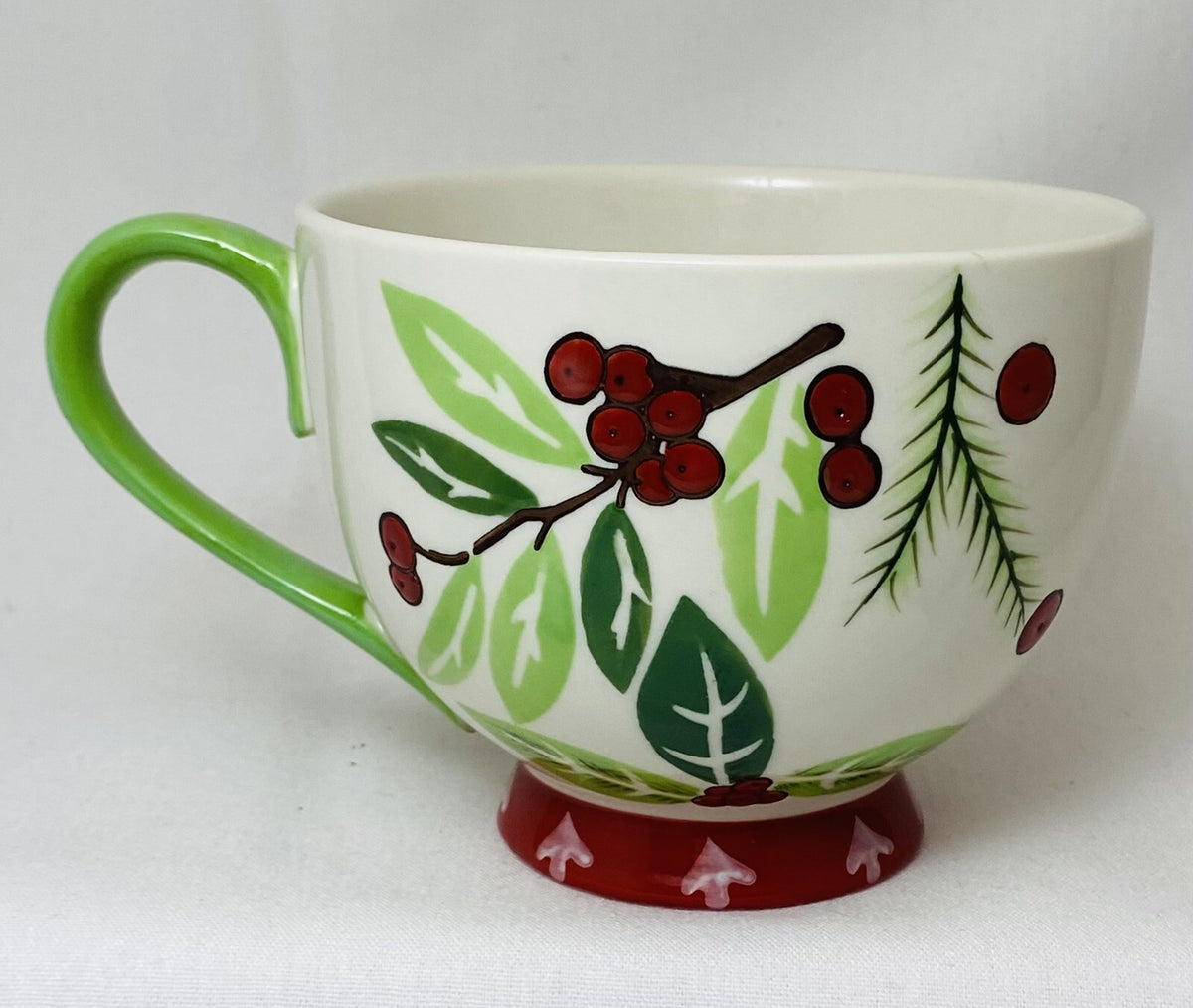 Dutch Wax Footed Mug Coastline Imports White Cup Hand Painted Holly Berries 12oz