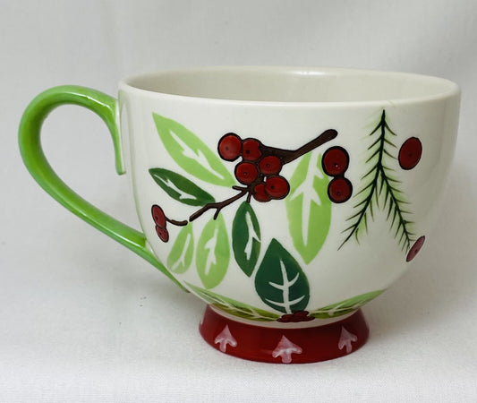 Dutch Wax Footed Mug Coastline Imports White Cup Hand Painted Holly Berries 12oz