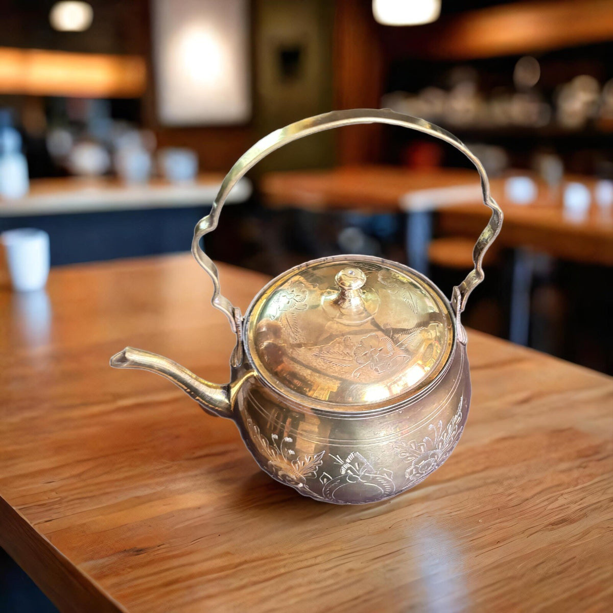 Vintage Solid Brass Teapot Kettle & lid Etched Floral Folding Handle India