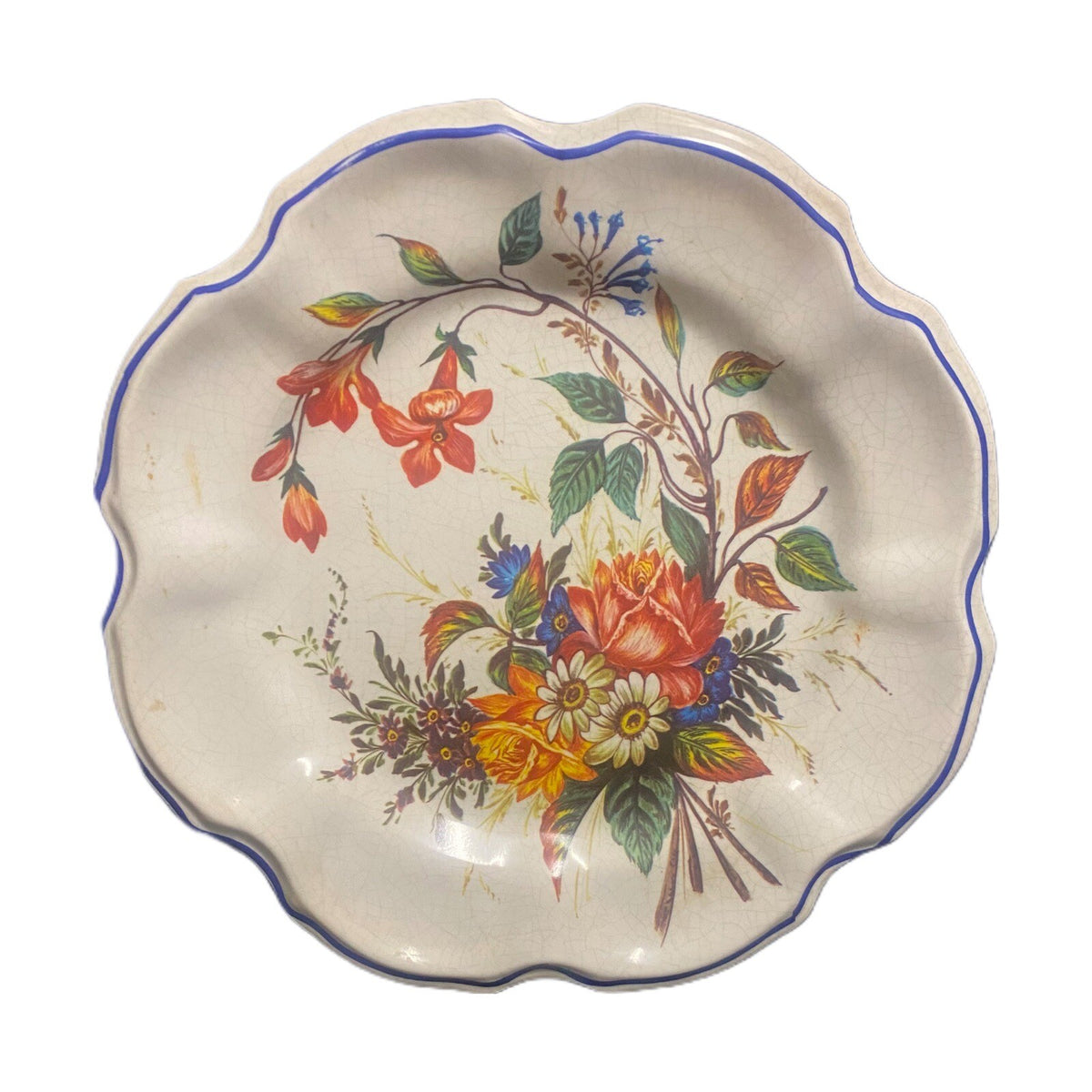 6-Italy Scalloped Dinner Plates Melamine Flowers Blue Trim Crackled Wall Hanging