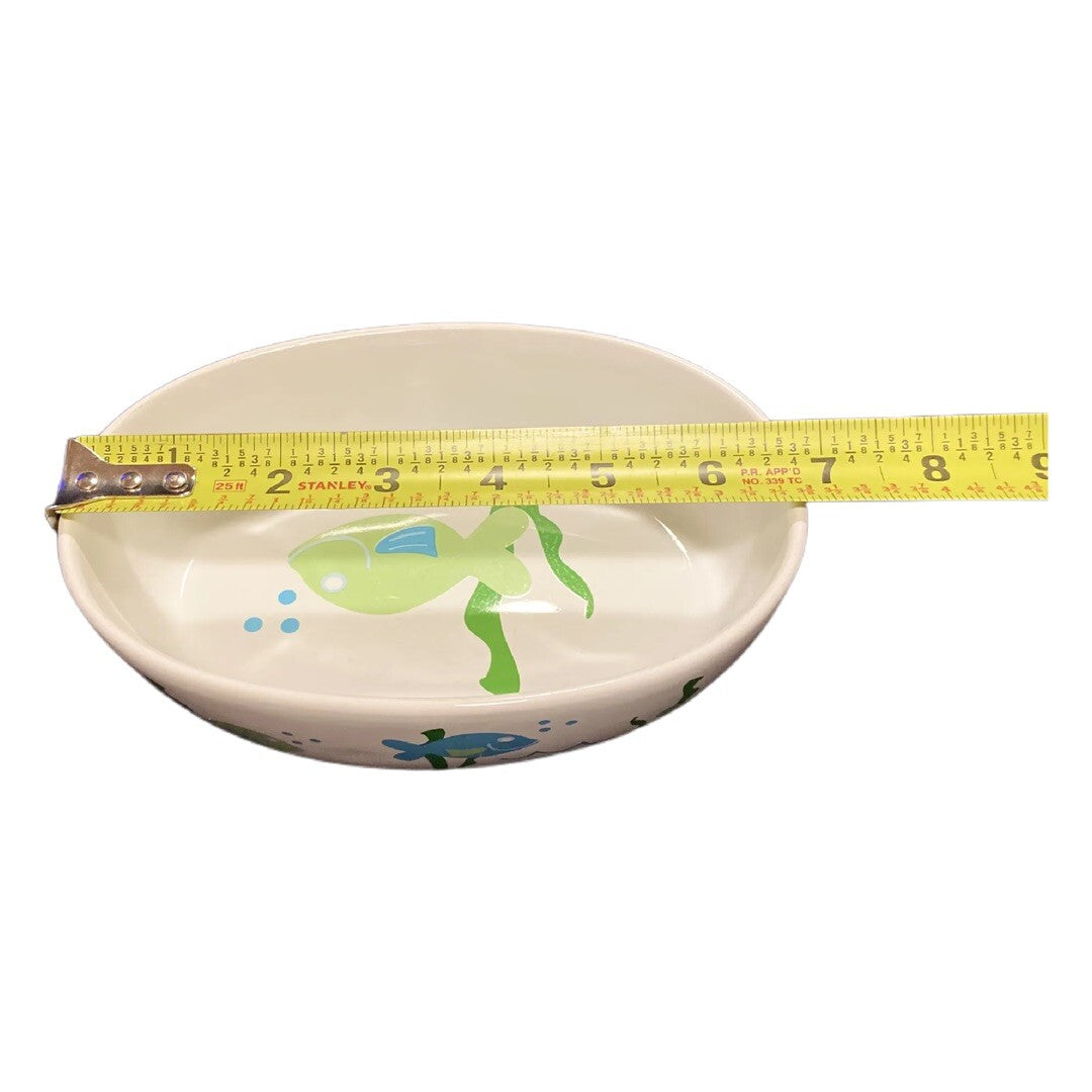 PetRageous Designs White Oval Cat Bowl Stoneware Food Water Dish Green Blue Fish