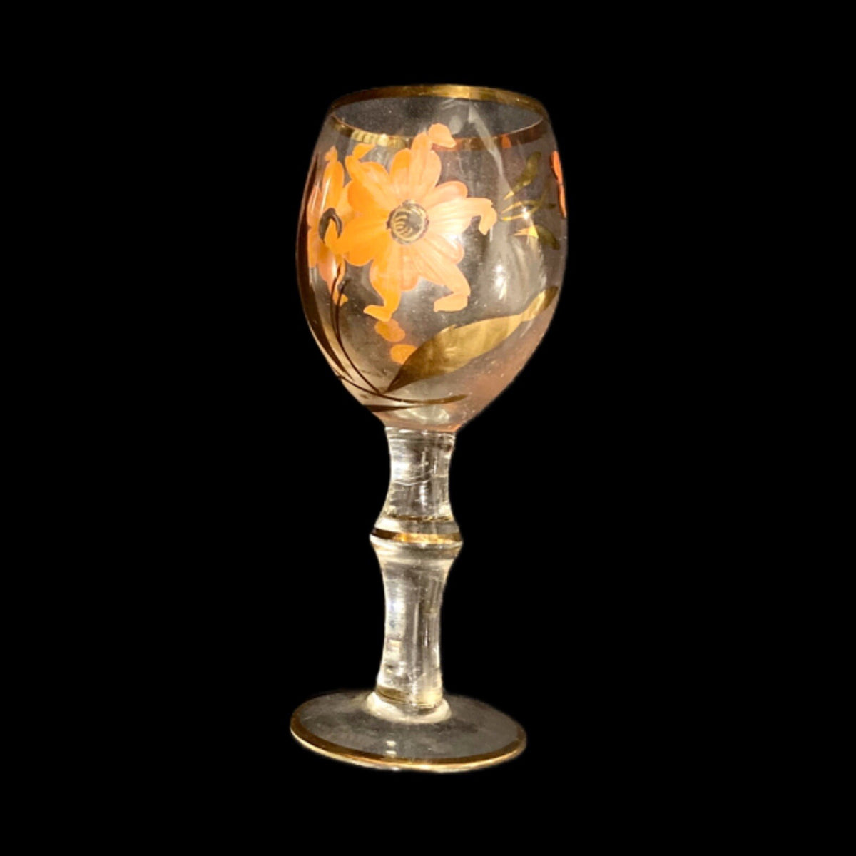 Vtg. Bohemian Romanian Handpainted 3 Floral Gold Trim Clear Cocktail Juice Glass