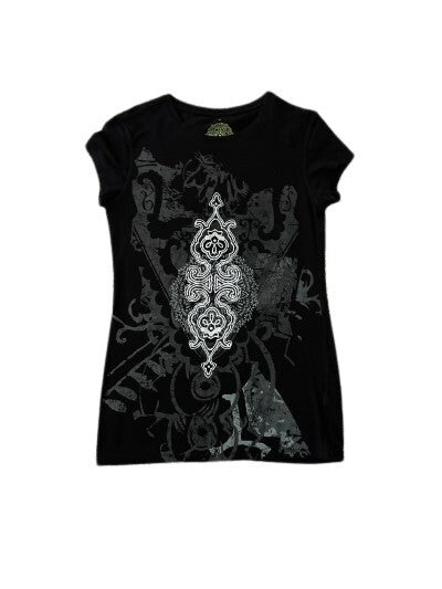 Eco Yoga Prints T-shirt Women Black Silver Top SM. Sustainable Organic Clothing