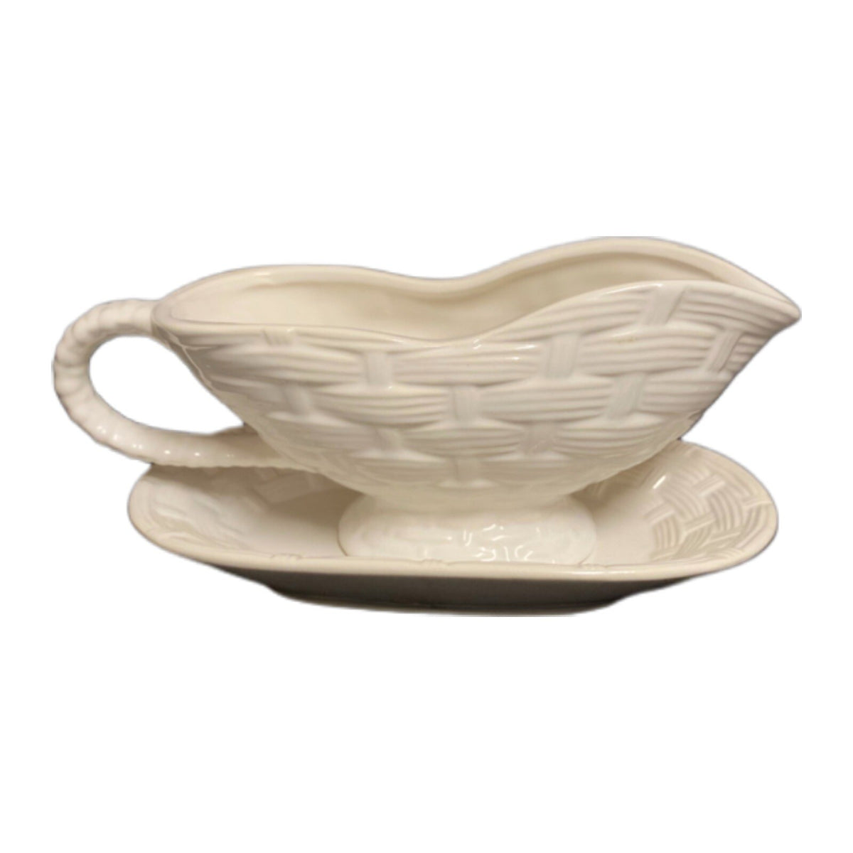 ROSE GARDEN Gravy Boat & Underplate White Basketweave Design Taiwan Stoneware