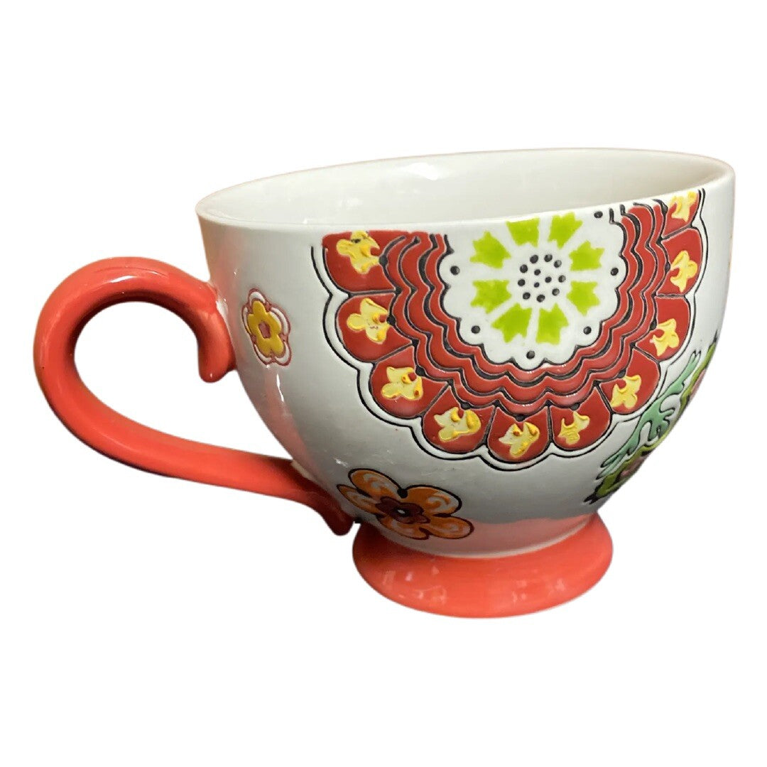 Tabletops Gallery ROBIN Hand Painted Footed Coffee Mug Embossed Paisley Floral