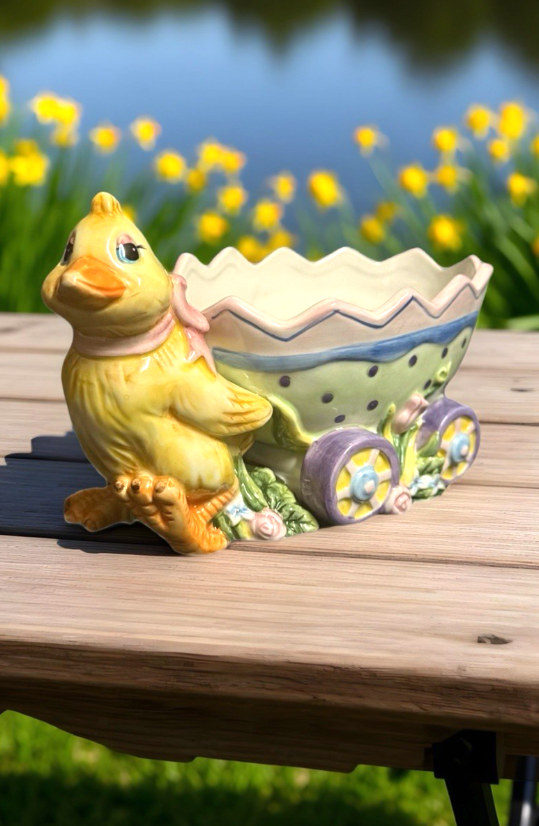 Fitz & Floyd Eggscapades Duck Jelly Bean Wagon Easter Candy Dish Planter