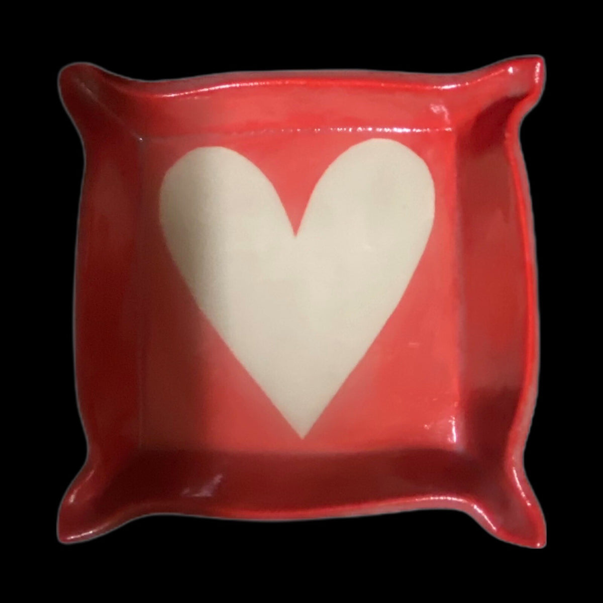 2-Trinket Red Dish White Heart Valentines Square Art Pottery Rings Tray Signed