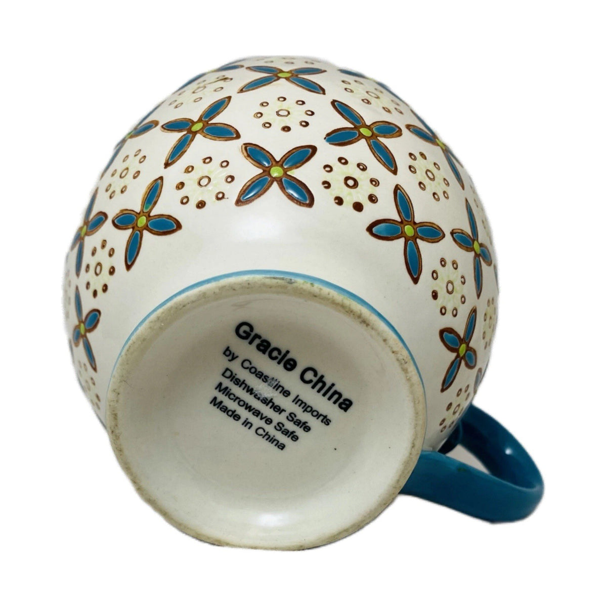 Gracie China Mug 12 oz Footed Cup Floral Off White Blue Teal Coastline Imports