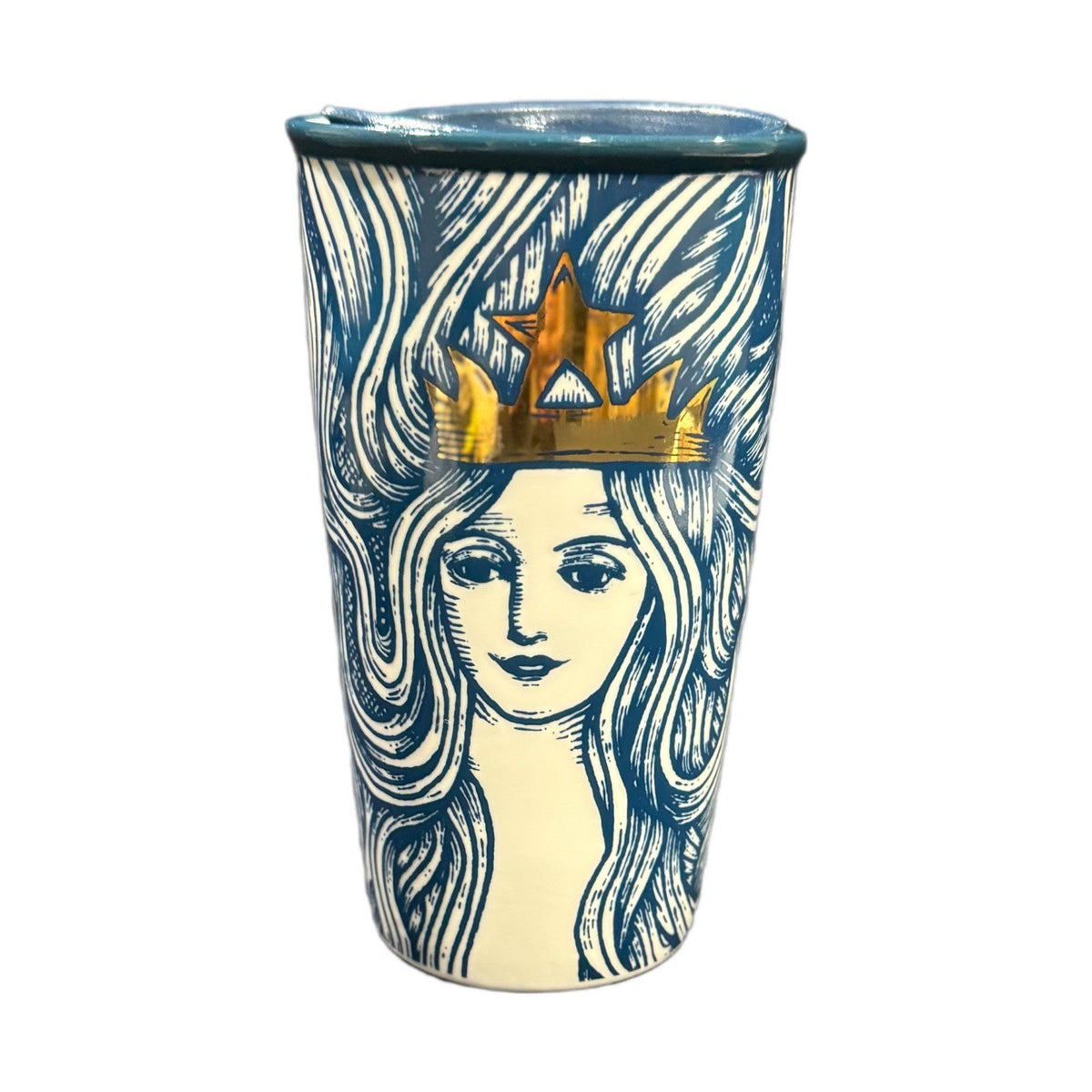 Starbucks 2016 Blue Siren Tumbler 12oz Gold Crown Limited Edition w/ Lid