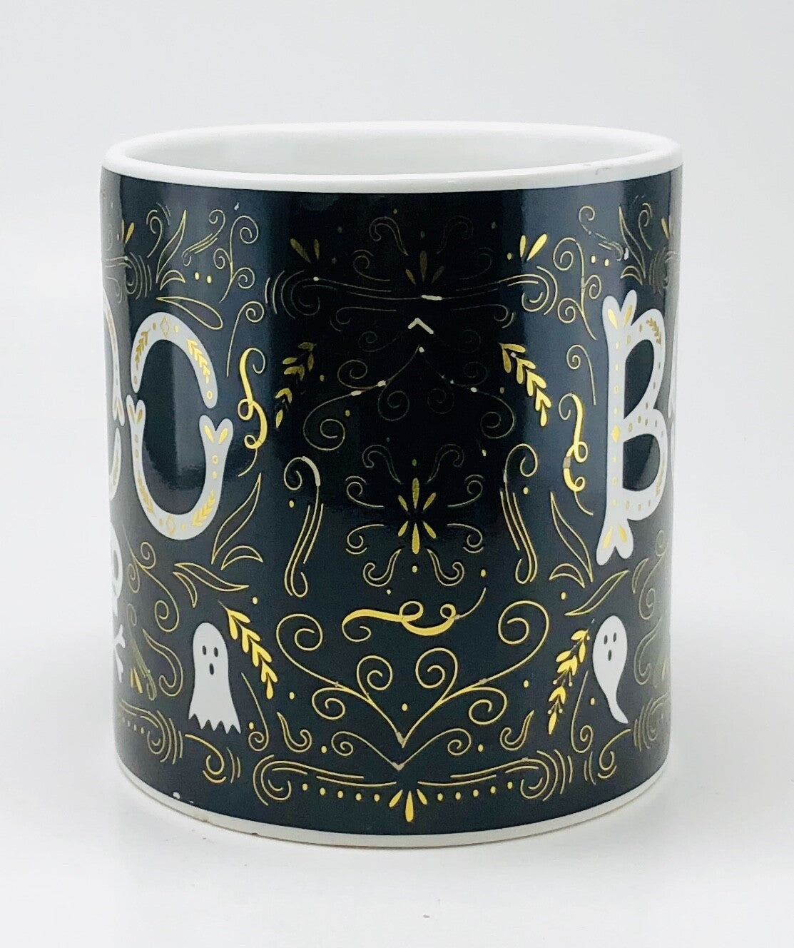 TMD Holdings Halloween Ceramic Coffee Mug Boo Black White Gold Skull Ghosts BOO