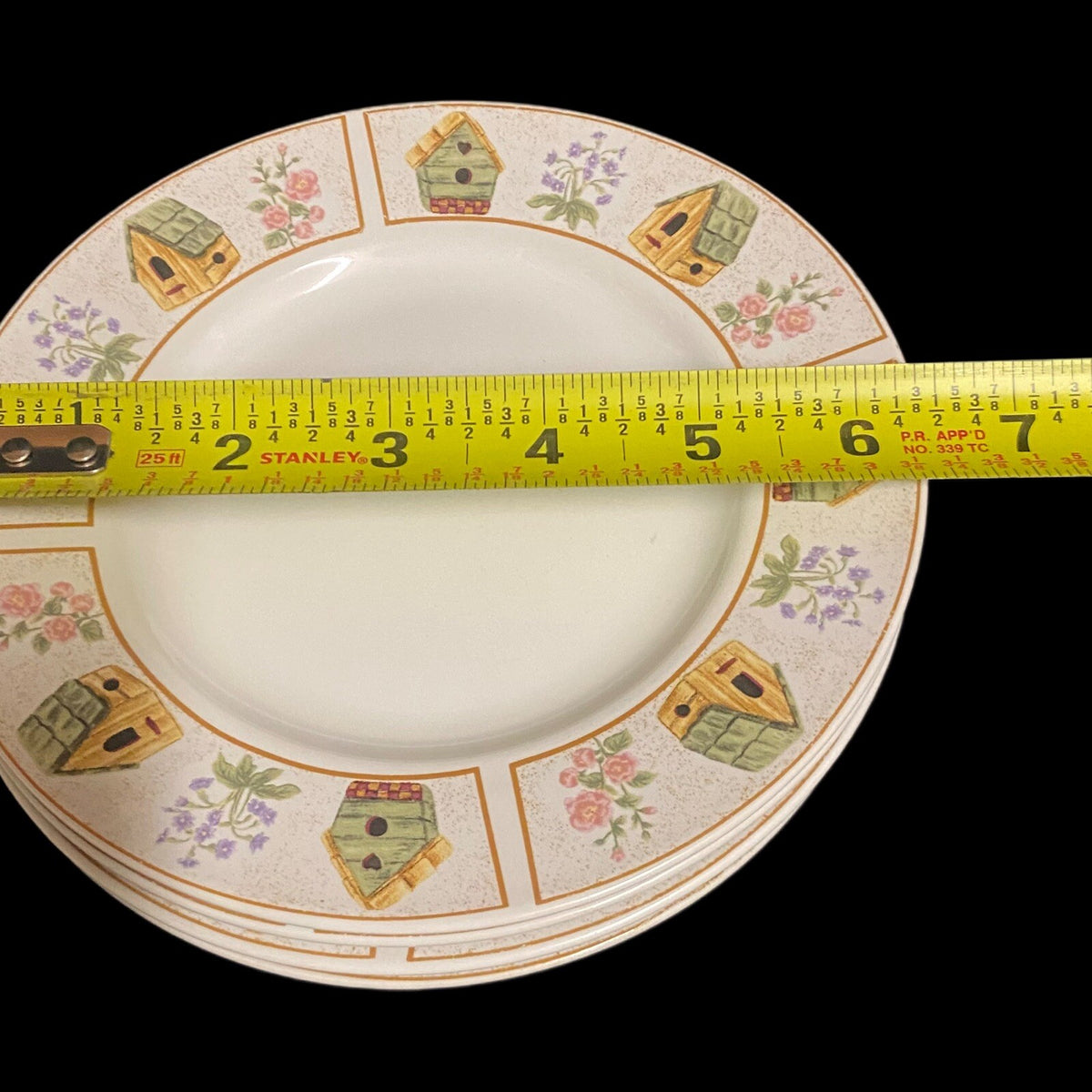 Gibson Designs AVIARA 5-Dessert Plates Yellow Green Bird Houses Bread & Butter